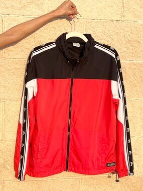 PINK Victoria’s Secret Colorblock Windbreaker Jacket Logo Tape Neon Red XS/S
